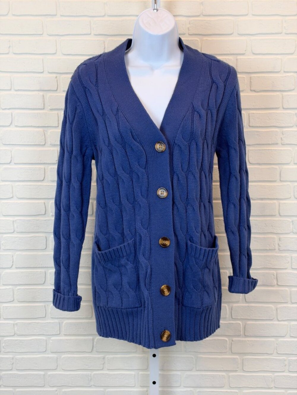PrettyGarden Cable Knit Cardigan Blue Pocket Sweater Small